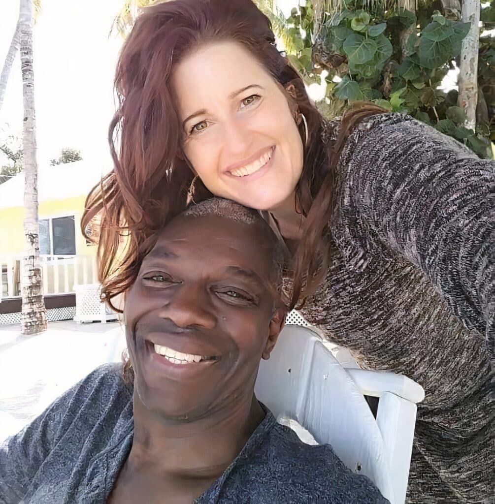 Two people outdoors, enjoying the sun.